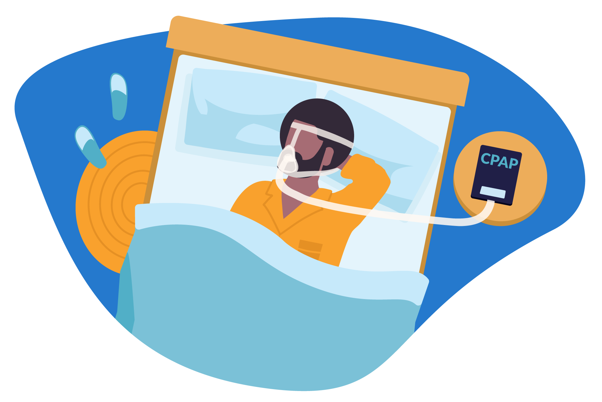 Ilustração de um homem deitado na cama, utilizando um equipamento para apneia do sono (CPAP).